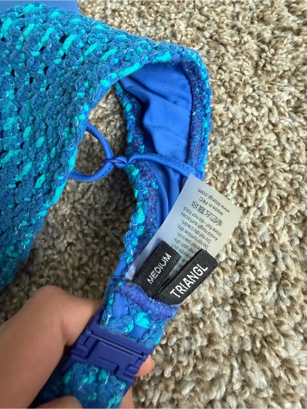 triangl swimwear Blue Crochet Bikini Set with Matching Pouch